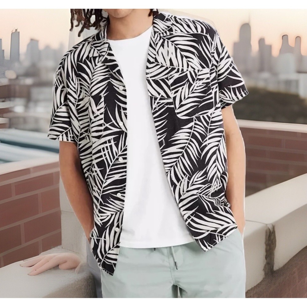 Madewell Easy Camp Shirt Fern Fronds Linen Blend Short Sleeve Button Up Men Sz M